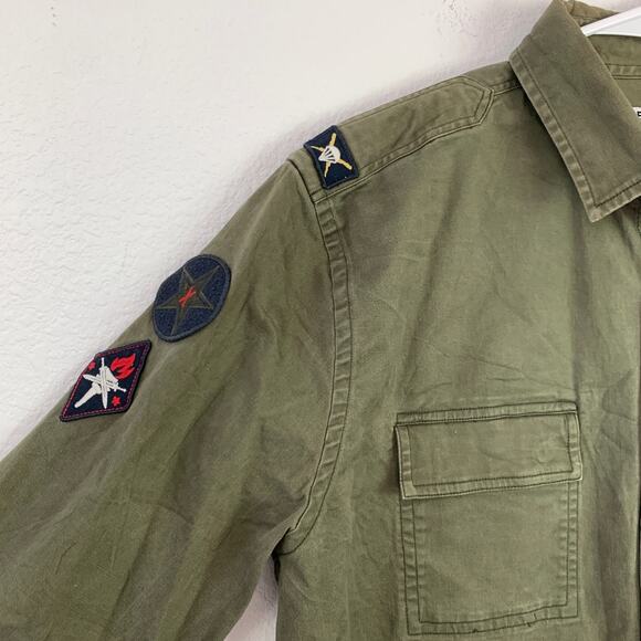 Express Green Military Look Patches Long Sleeve Button Up Shirt Medium - Picture 2 of 9